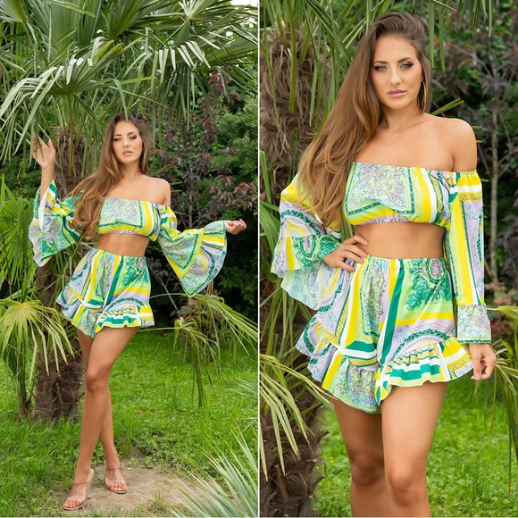 Vacation Vibe 🌴 2 Piece Boho Green Multi Color Short Set - Picture 5 of 5